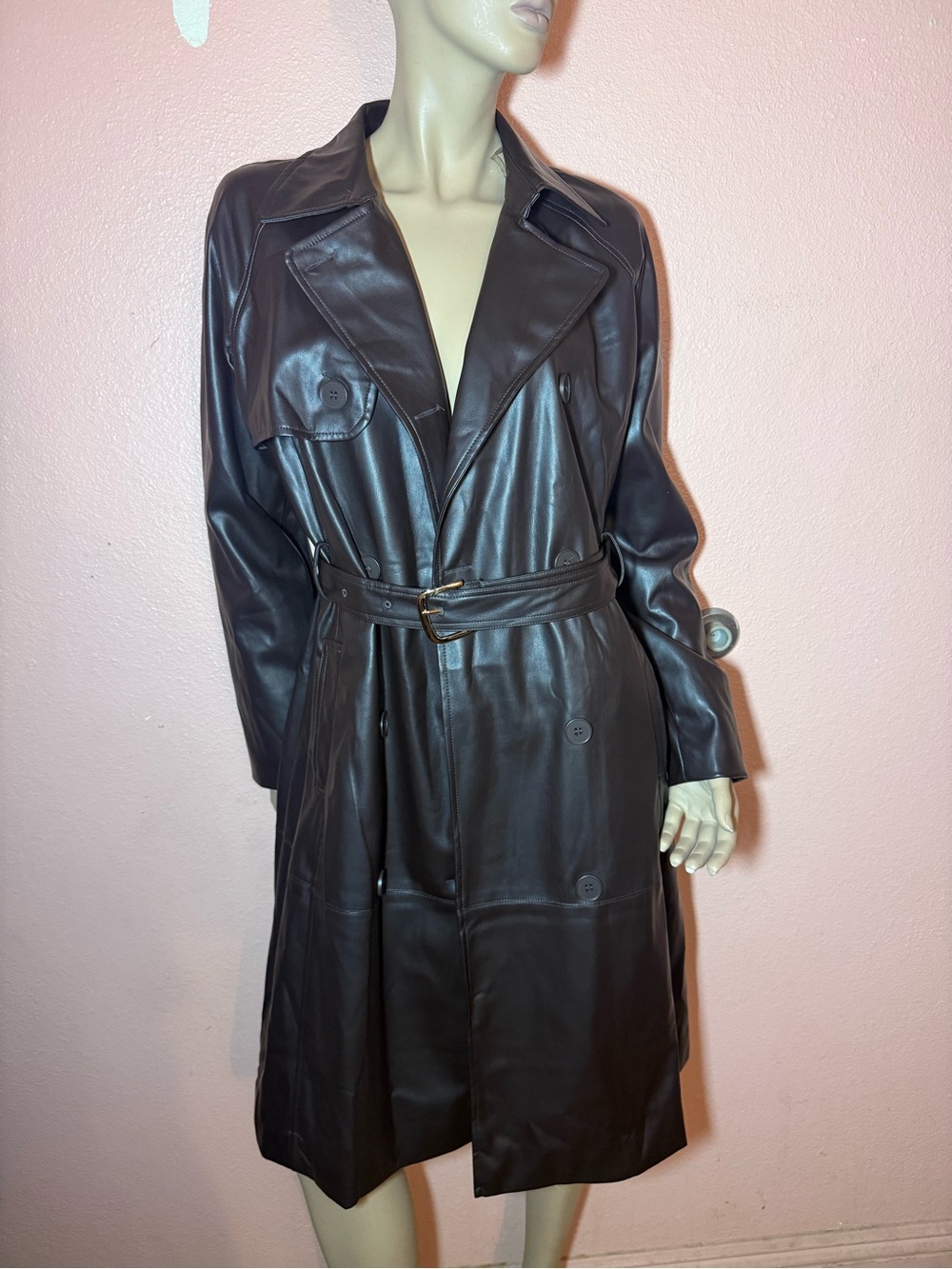 Windsor Brown Faux Leather Trench Coat Belted Long Jacket Size Small NWT
